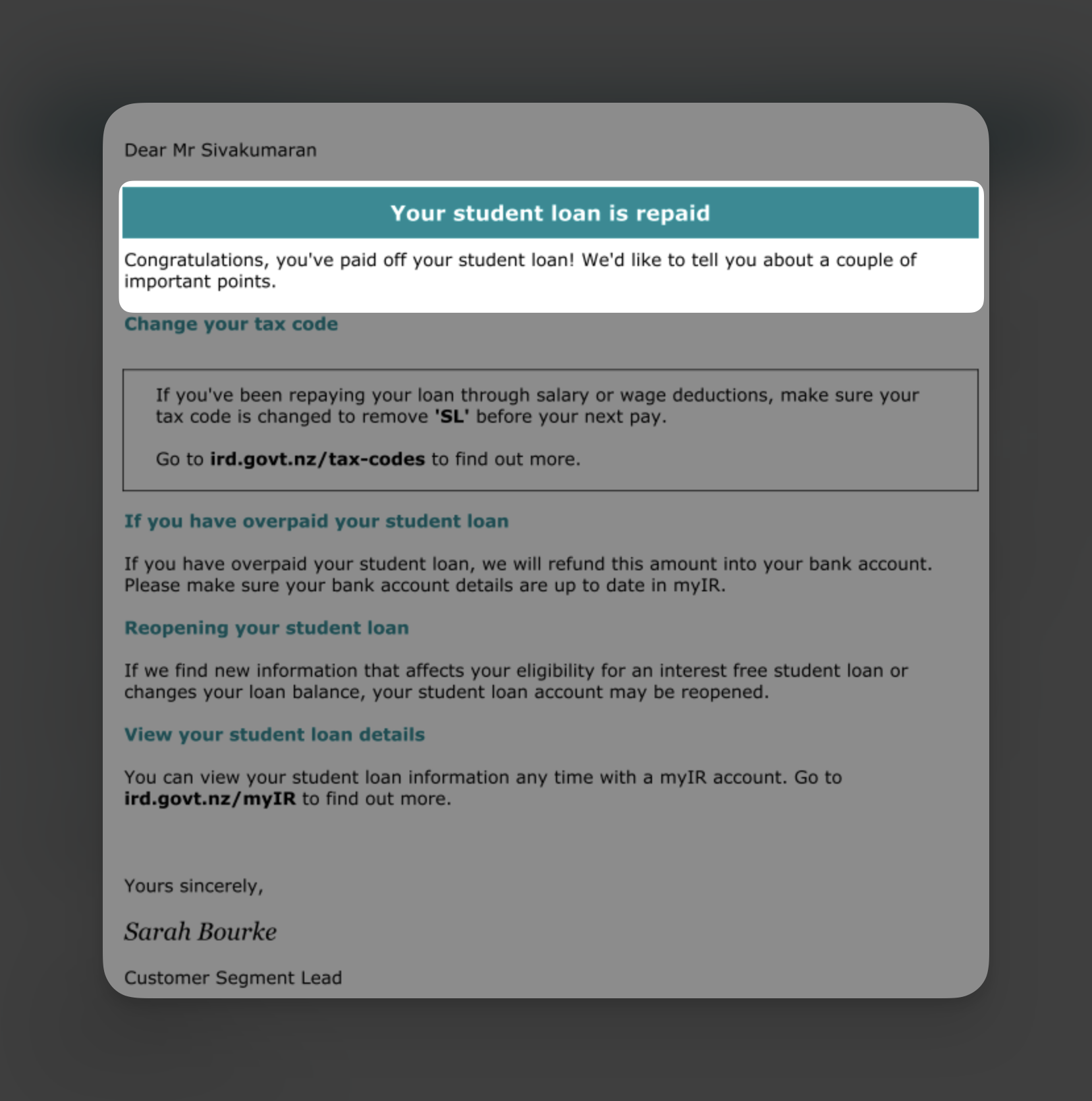 A screenshot of a letter congratulating Mr Sivakumaran for paying of his Student Loan